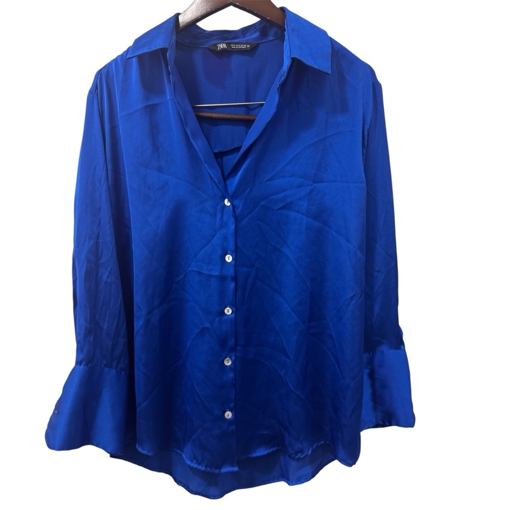 Zara royal blue satin button-up blouse.  Size S